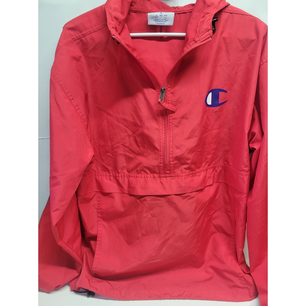 Champion Red Anorak Hooded Pullover Jacket Half Zip Pocket Size M